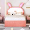 Full Size Upholstered Platform Bed with Trundle and 3 Drawers, Rabbit-Shaped Headboard with Embedded LED Lights, Pink - as Pic