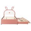 Full Size Upholstered Platform Bed with Trundle and 3 Drawers, Rabbit-Shaped Headboard with Embedded LED Lights, Pink - as Pic