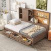 Twin Size Lounge Daybed with Storage Shelves, Cork Board, USB Ports and 3 Drawers, Antique Wood Color - as Pic