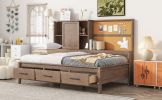Twin Size Lounge Daybed with Storage Shelves, Cork Board, USB Ports and 3 Drawers, Antique Wood Color - as Pic