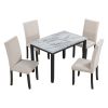 Faux Marble 5-Piece Dining Set Table with 4 Thicken Cushion Dining Chairs Home Furniture, White/Beige+Black - White