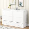 Queen Size Mobile Murphy Bed with Drawer and Little Shelves on Each Side,White - as Pic