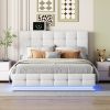 Tufted Upholstered Platform Bed with Hydraulic Storage System,Queen Size PU Storage Bed with LED Lights and USB charger, White - as Pic
