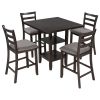 5-Piece Wooden Counter Height Dining Set with Padded Chairs and Storage Shelving - Espresso