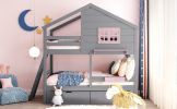 Twin over Twin Bunk Bed with 2 Drawers, 1 Storage Box, 1 Shelf, Window and Roof-Gray(OLD SKU:LT000608AAE) - as Pic