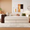 Twin Size Upholstered Daybed with Storage Armrest and 2 Drawers, Multi-functional Daybed with Cup Holder and a set of USB Ports and Sockets, Beige - a