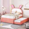 Full Size Upholstered Platform Bed with Trundle and 3 Drawers, Rabbit-Shaped Headboard with Embedded LED Lights, Pink - as Pic