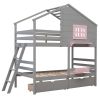 Twin over Twin Bunk Bed with 2 Drawers, 1 Storage Box, 1 Shelf, Window and Roof-Gray(OLD SKU:LT000608AAE) - as Pic
