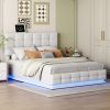 Tufted Upholstered Platform Bed with Hydraulic Storage System,Queen Size PU Storage Bed with LED Lights and USB charger, White - as Pic