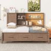 Twin Size Lounge Daybed with Storage Shelves, Cork Board, USB Ports and 3 Drawers, Antique Wood Color - as Pic