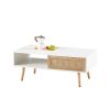 41.34" Rattan Coffee table, sliding door for storage, solid wood legs, Modern table for living room ,White - as Pic