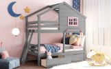 Twin over Twin Bunk Bed with 2 Drawers, 1 Storage Box, 1 Shelf, Window and Roof-Gray(OLD SKU:LT000608AAE) - as Pic