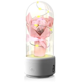 Creative 2 In 1 Bouquet LED Light And Bluetooth Speaker Mother's Day Gift Rose Luminous Night Light Ornament In Glass Cover (Option: Pink-White Base)